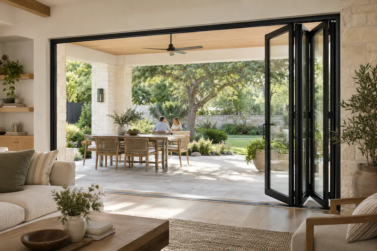 Open black aluminum four-panel bifold door connecting a warm living room to a limestone patio