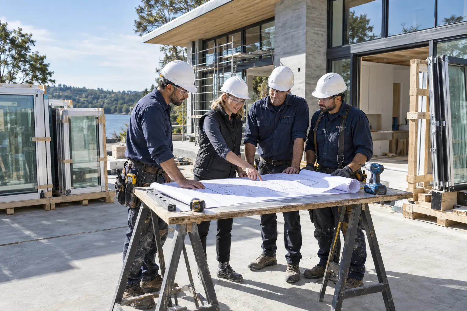 Installation team reviewing residential construction plans