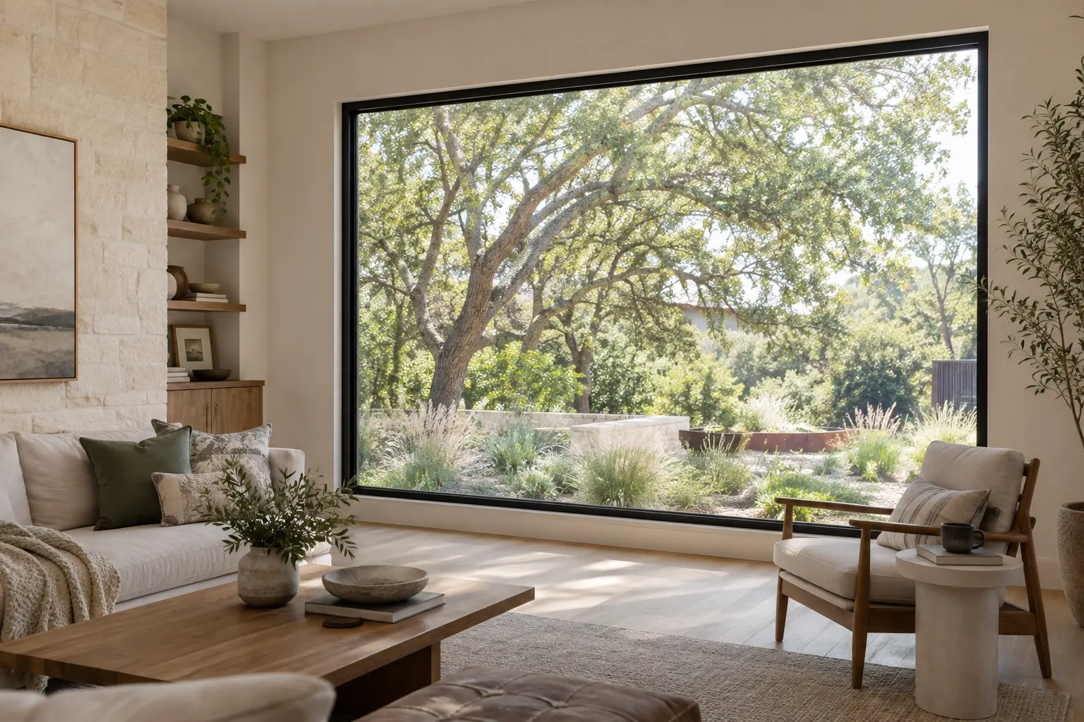 Large fixed black aluminum picture window framing a leafy garden from a warm modern living room