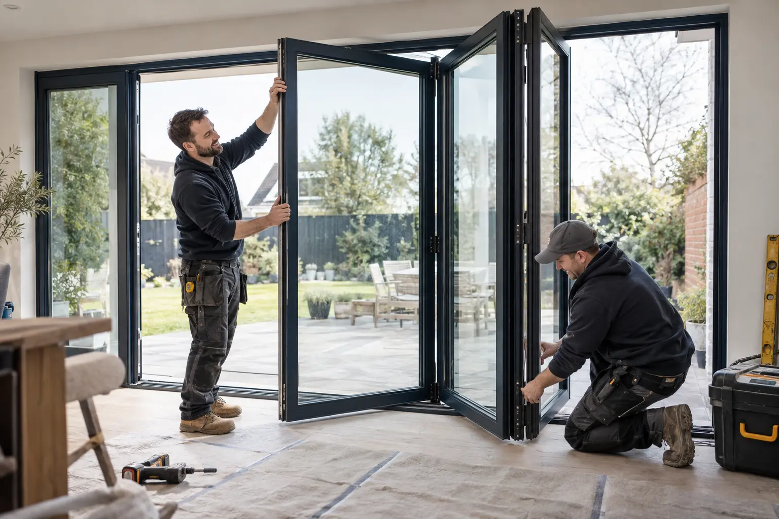Window and door crew reviewing an opening and site plan