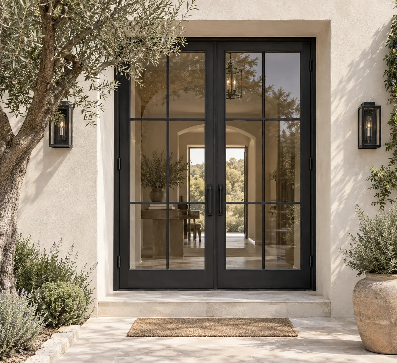 Black divided-glass double iron entry door set into a light stucco exterior