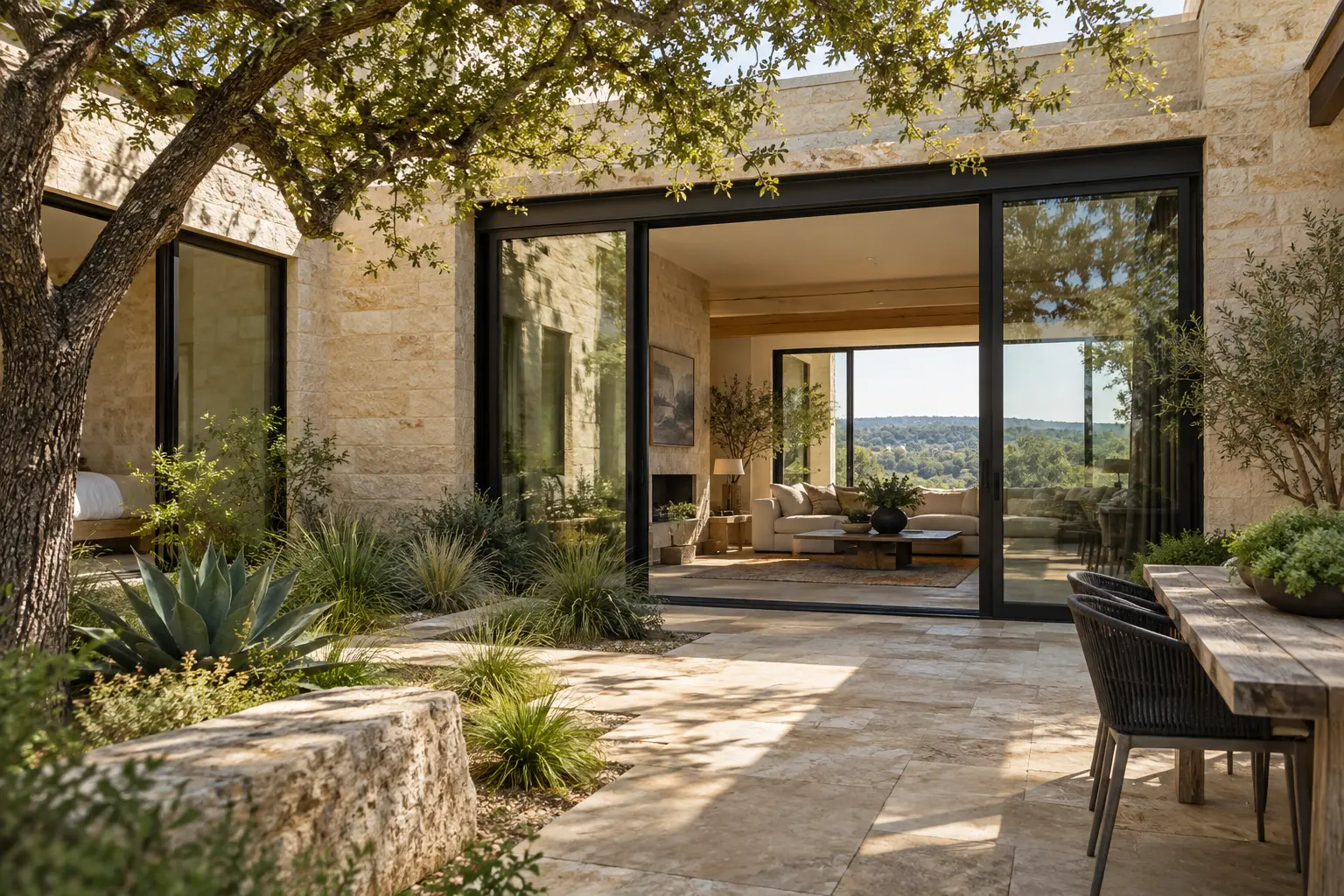A limestone courtyard home with black aluminum sliding glass doors