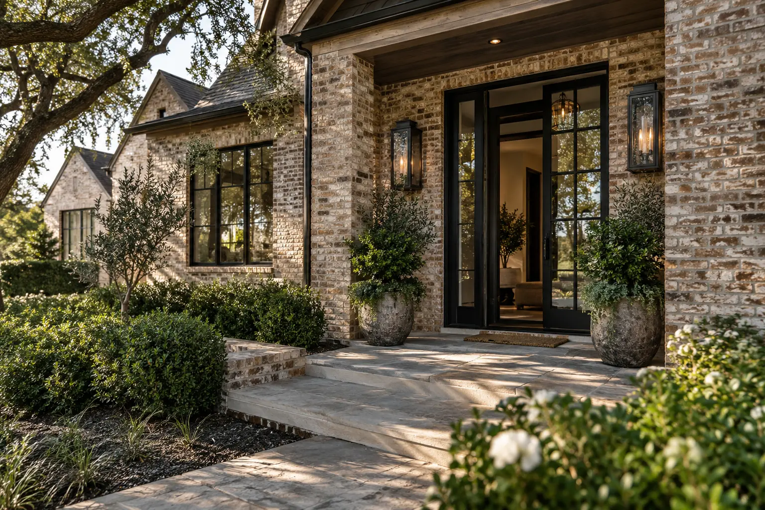 A brick home porch with a black hinged iron and glass entry door