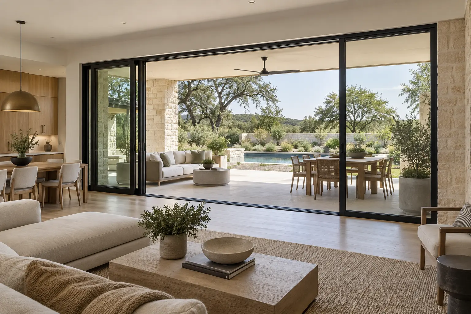 Three-panel black aluminum multi-slide door with two panels stacked left and an open path to a covered terrace