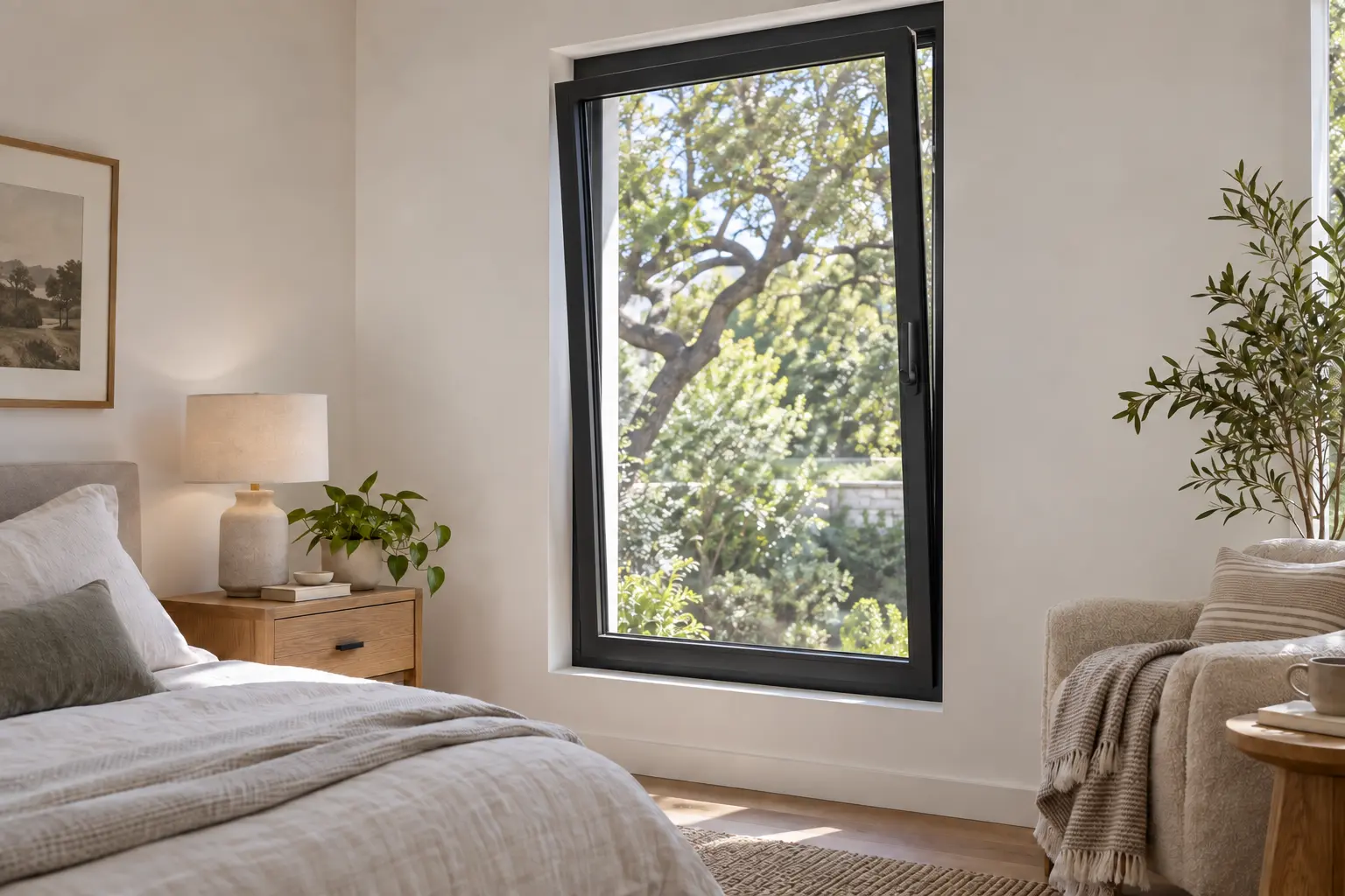 Black aluminum tilt-and-turn window tilted inward at the top for bedroom ventilation